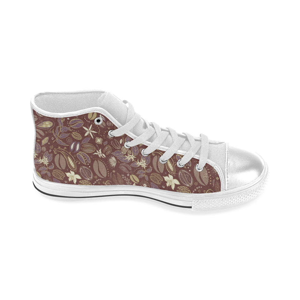 Coffee bean flower pattern Women's High Top Canvas Shoes White
