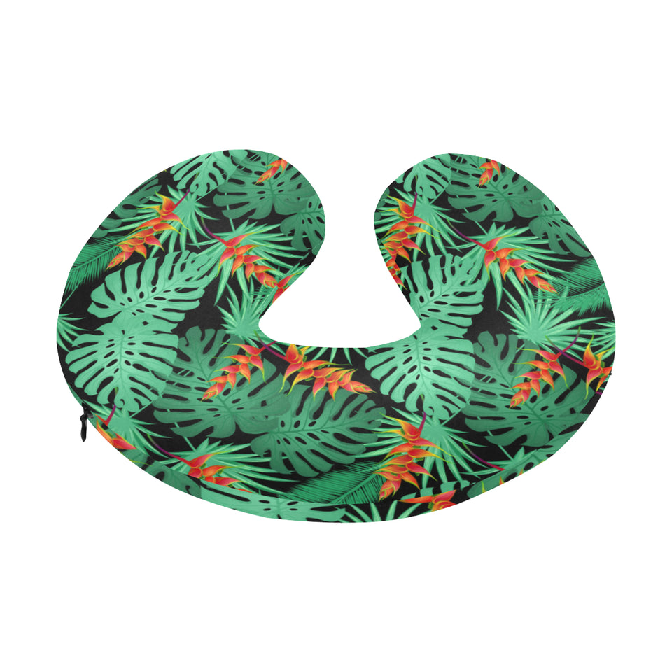 heliconia flower palm monstera leaves black backgr U-Shaped Travel Neck Pillow