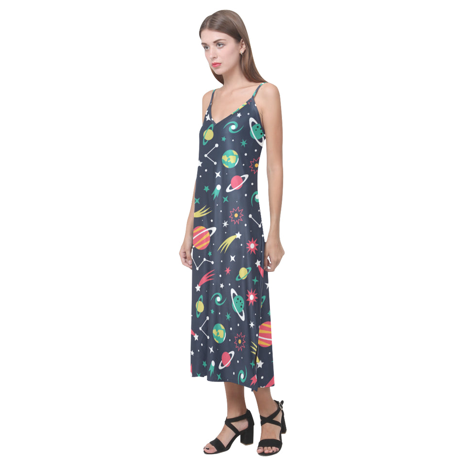 colorful space pattern planet star V-Neck Open Fork Long Dress