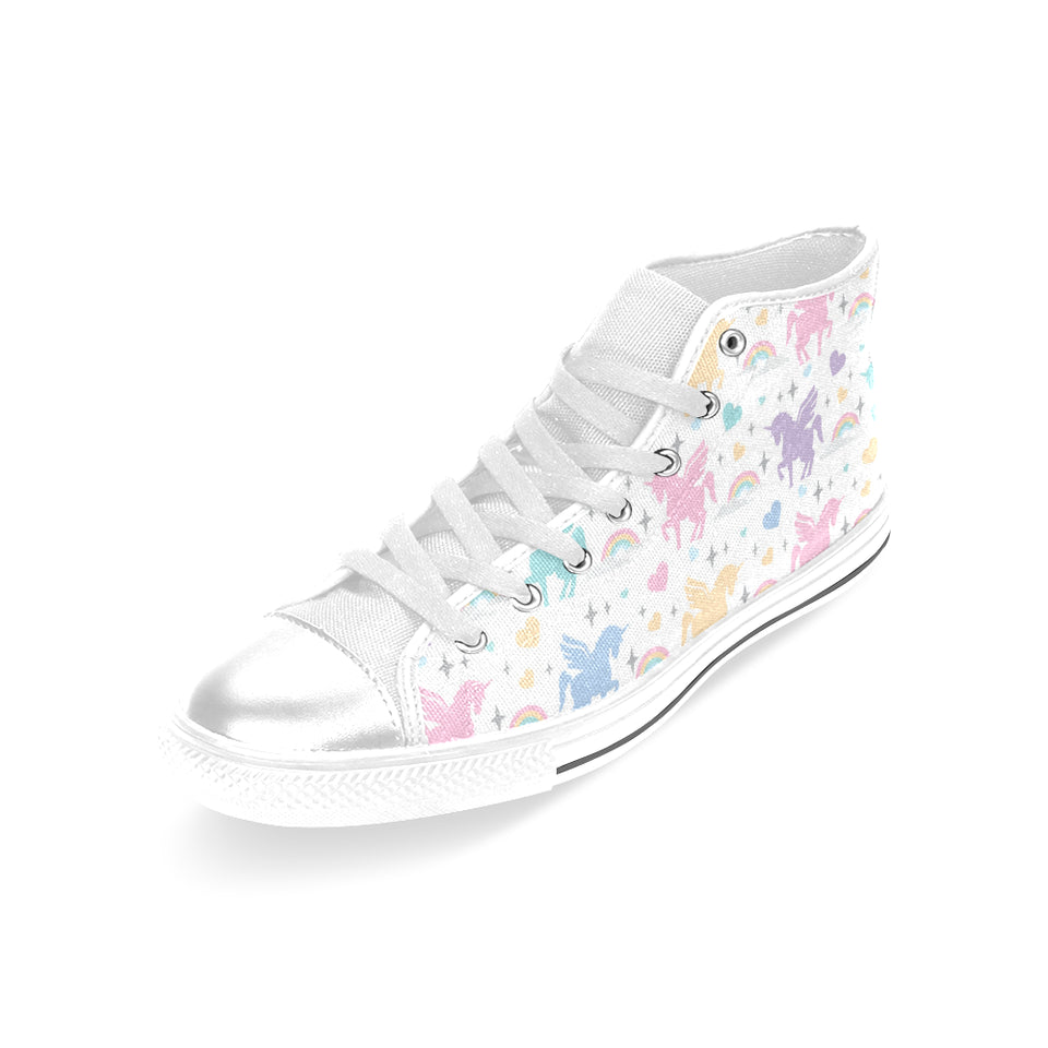 colorful unicorn rainbow heart pattern Women's High Top Canvas Shoes White