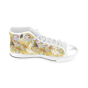 Cool Bee honeycomb leaves pattern Men's High Top Canvas Shoes White