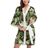 White orchid flower tropical leaves pattern blackg Women's Short Kimono Robe