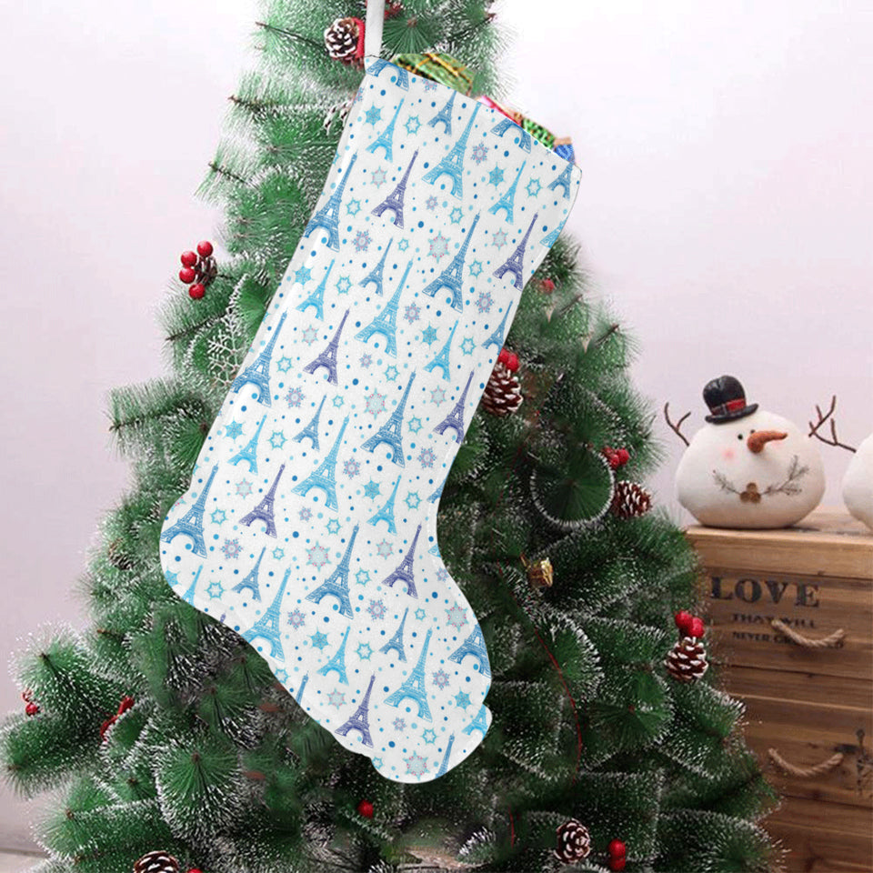 Blue Eiffel Tower Theme Pattern Print Design 01 Christmas Stocking