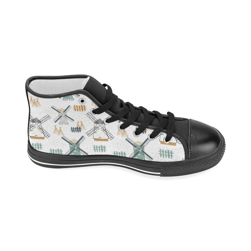 windmill pattern Women's High Top Canvas Shoes Black