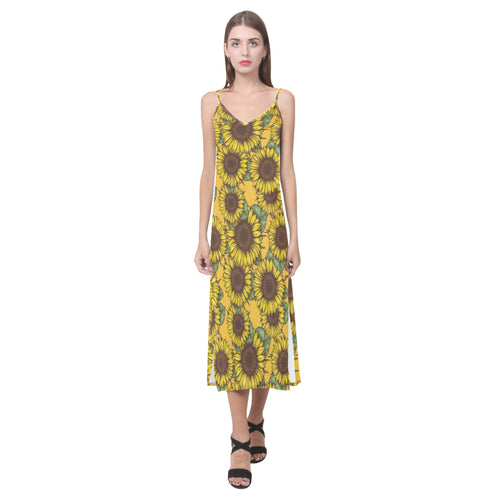 Sunflower pattern V-Neck Open Fork Long Dress