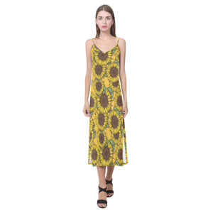 Sunflower pattern V-Neck Open Fork Long Dress