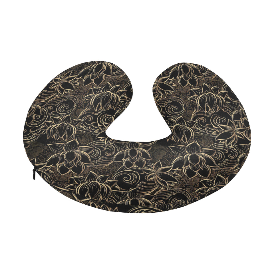 luxurious gold lotus waterlily black background U-Shaped Travel Neck Pillow