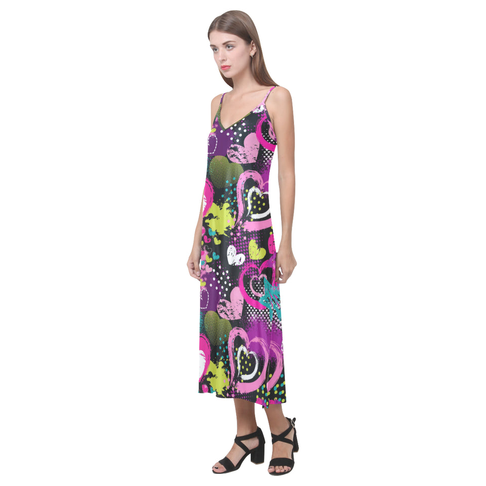 heart dot wave star creative design pattern V-Neck Open Fork Long Dress