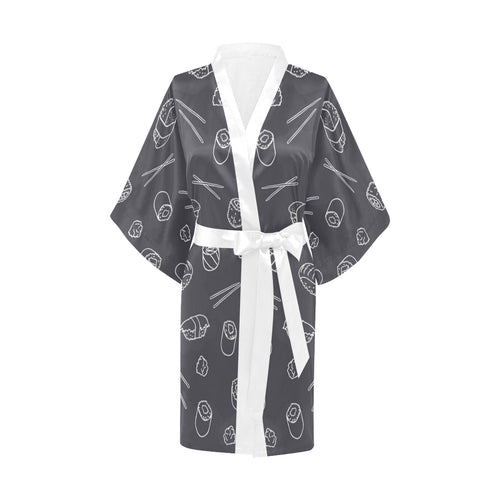 sushi pattern black background Women's Short Kimono Robe