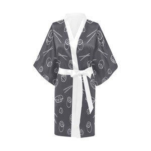 sushi pattern black background Women's Short Kimono Robe