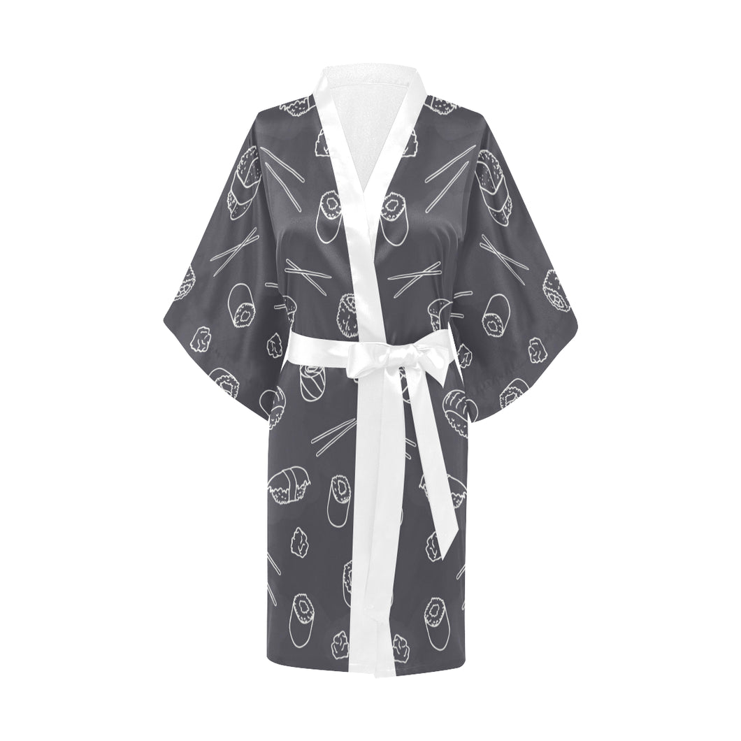sushi pattern black background Women's Short Kimono Robe