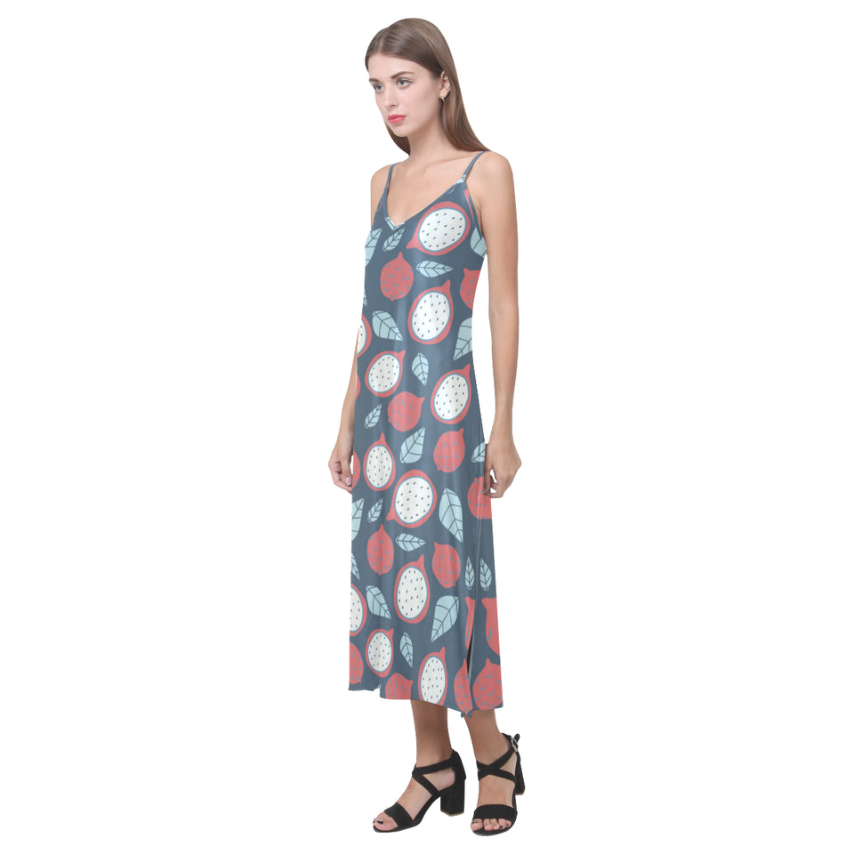 dragon fruits dark blue background V-Neck Open Fork Long Dress