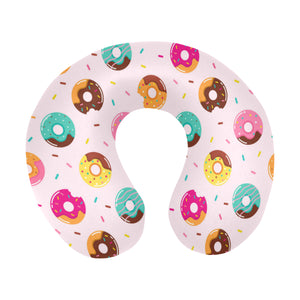 Donut pattern glaze pink background U-Shaped Travel Neck Pillow