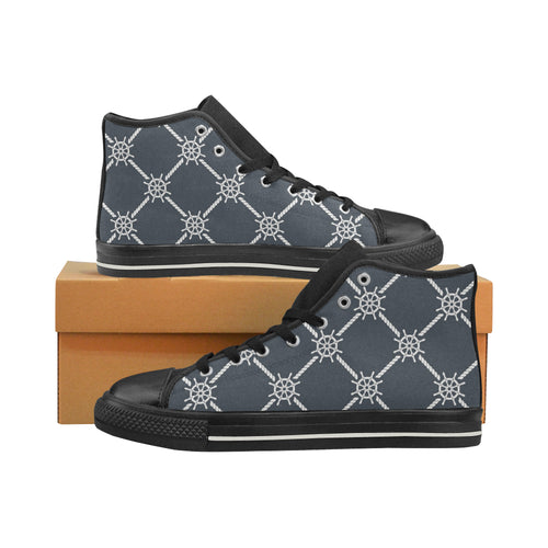 nautical steering wheel rope pattern Women's High Top Canvas Shoes Black