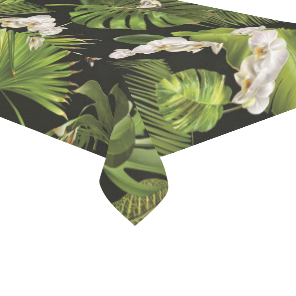 White orchid flower tropical leaves pattern blackg Tablecloth