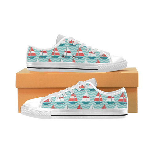Red White sailboat wave background Men's Low Top Shoes White