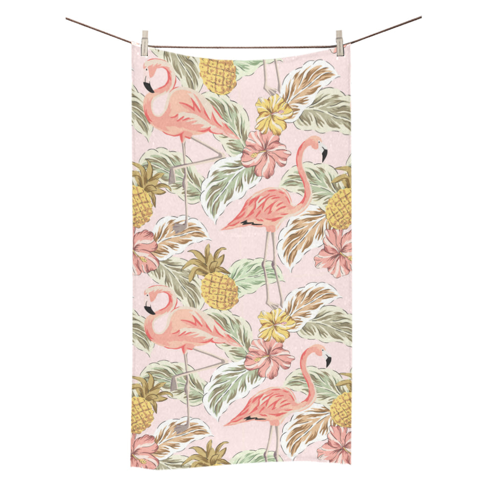 Pink flamingo birds pineapples hibiscus flower pat Bath Towel