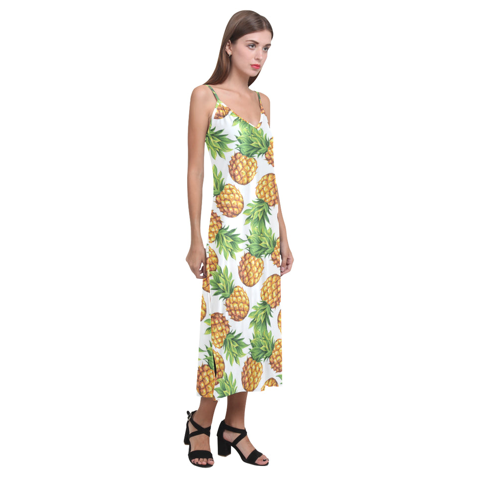Pineapples design pattern V-Neck Open Fork Long Dress