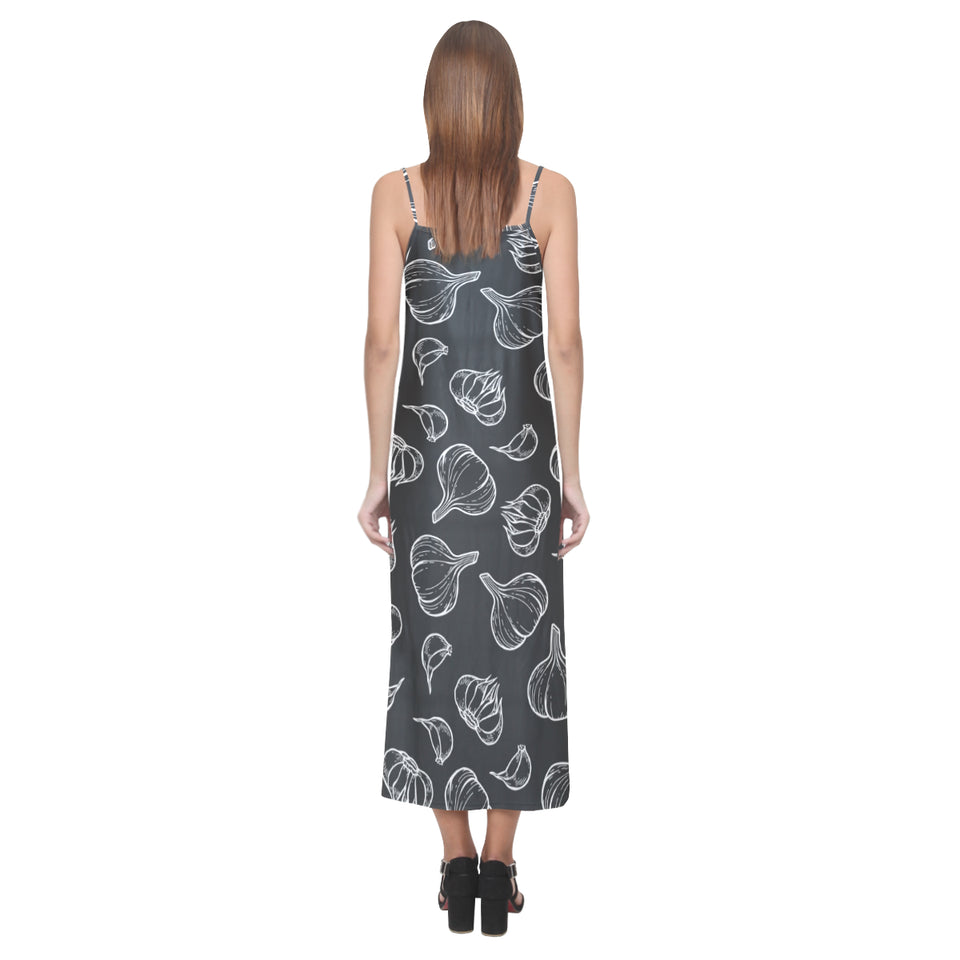 Garlic pattern black background V-Neck Open Fork Long Dress