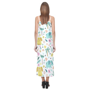 Cute elephants palm tree flower butterfly pattern V-Neck Open Fork Long Dress