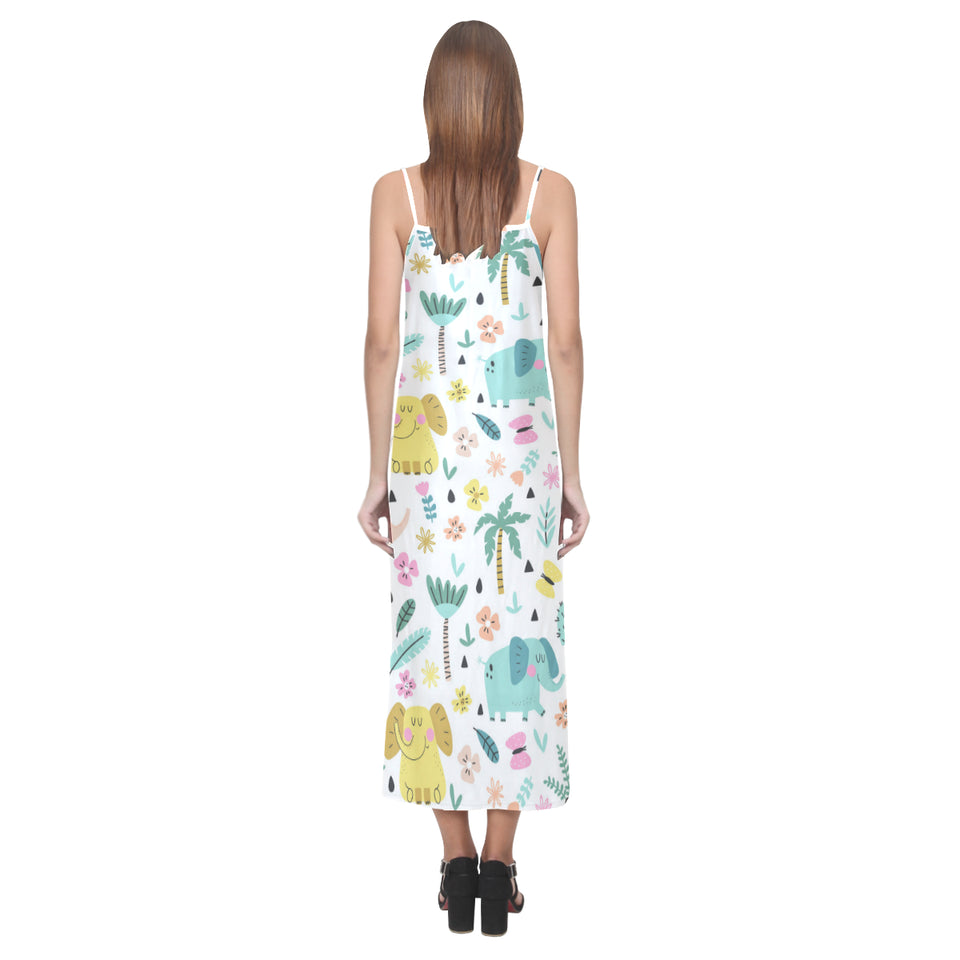 Cute elephants palm tree flower butterfly pattern V-Neck Open Fork Long Dress