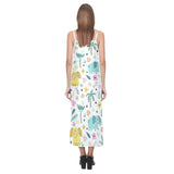 Cute elephants palm tree flower butterfly pattern V-Neck Open Fork Long Dress