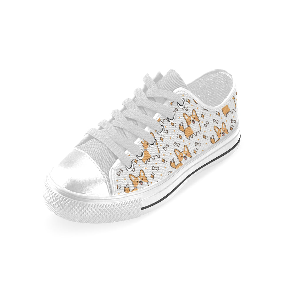 Cute corgi heart star bone pattern Men's Low Top Canvas Shoes White