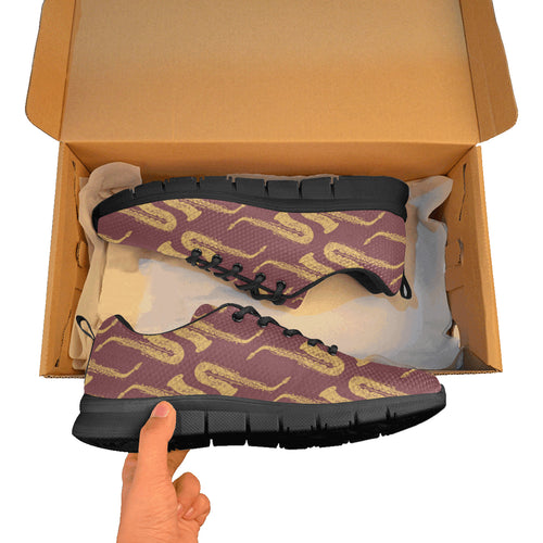 Hand drawn gold saxophone red background Women's Sneaker Shoes