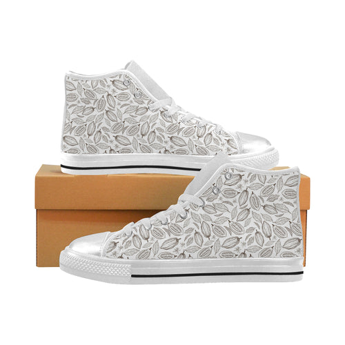 cacao beans leaves pattern Women's High Top Canvas Shoes White