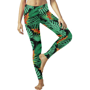 heliconia flower palm monstera leaves black backgr Women's Legging Fulfilled In US