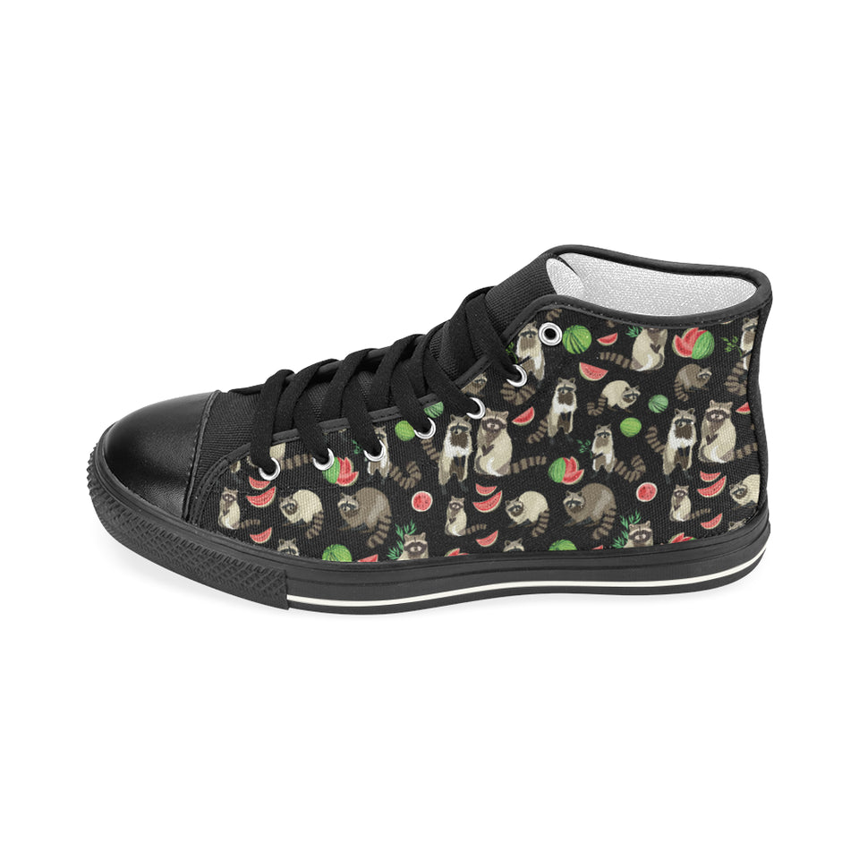 Raccoon watermelon pattern Women's High Top Canvas Shoes Black