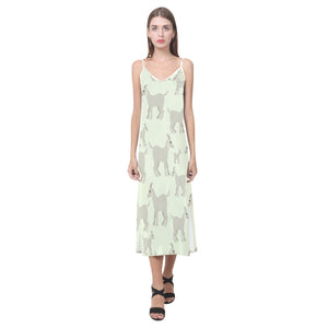 Little young goat pattern V-Neck Open Fork Long Dress