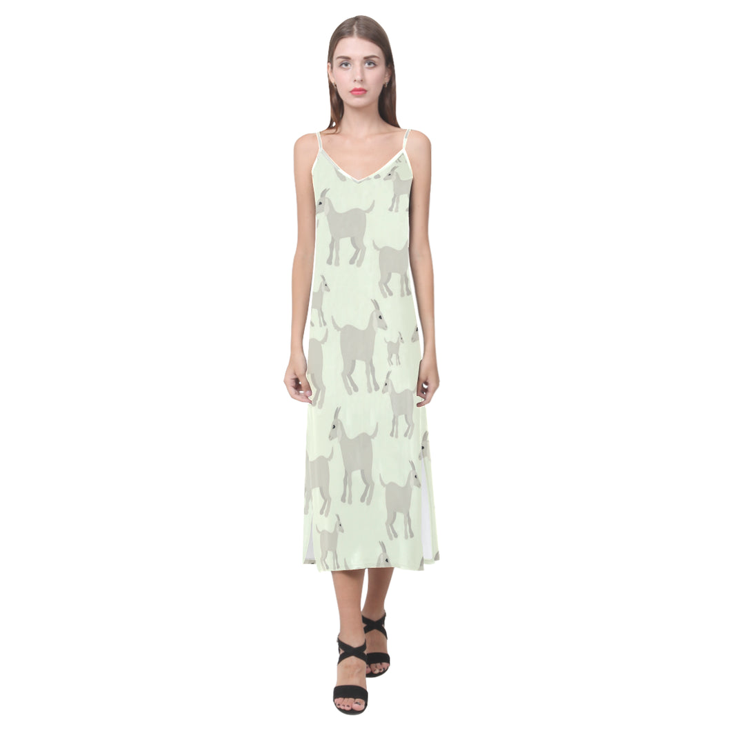Little young goat pattern V-Neck Open Fork Long Dress