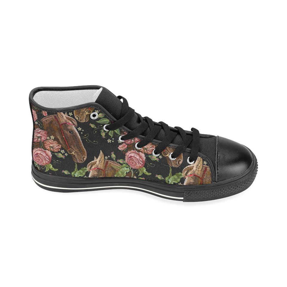 Horse head wild roses pattern Women's High Top Canvas Shoes Black