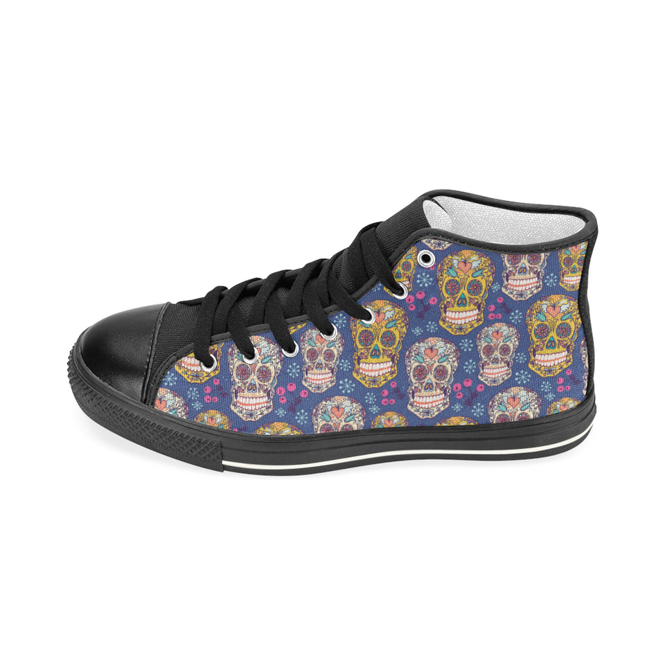 Sugar skull flower pattern Women's High Top Canvas Shoes Black