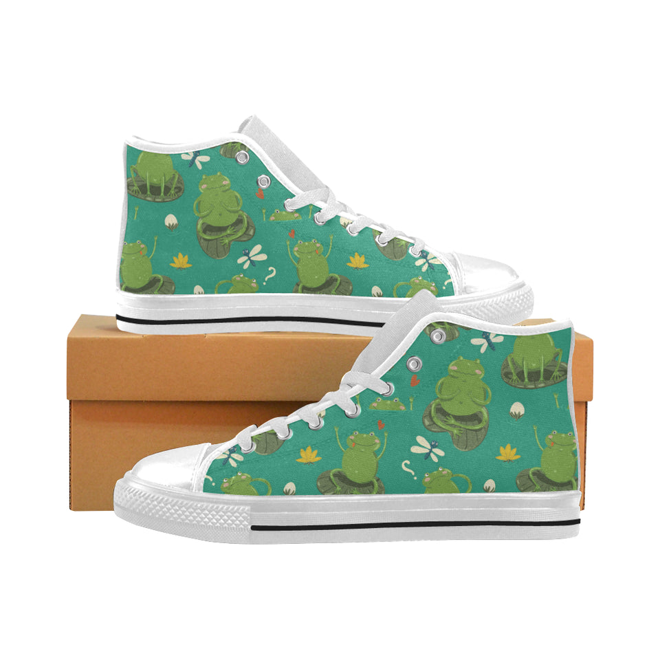 Cute frog dragonfly design pattern Men's High Top Canvas Shoes White