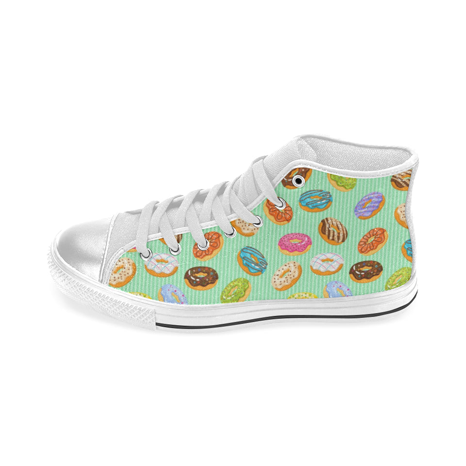 Colorful donut pattern green background Women's High Top Canvas Shoes White
