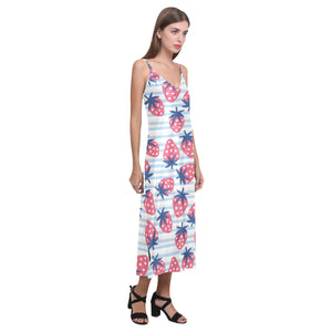 Strawberry pattern blue lines background V-Neck Open Fork Long Dress