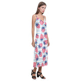 Strawberry pattern blue lines background V-Neck Open Fork Long Dress