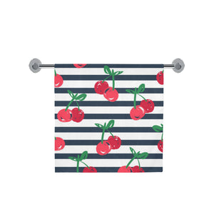 Hand drawn cherry pattern striped background Bath Towel