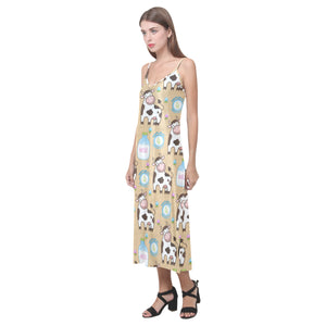 Cow bottle of milk pattern V-Neck Open Fork Long Dress