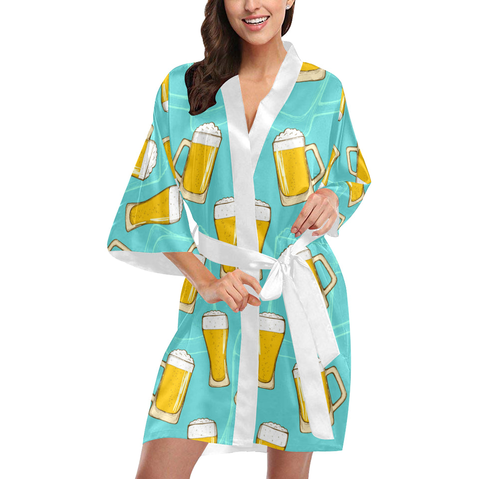 Beer pattern green background Women's Short Kimono Robe