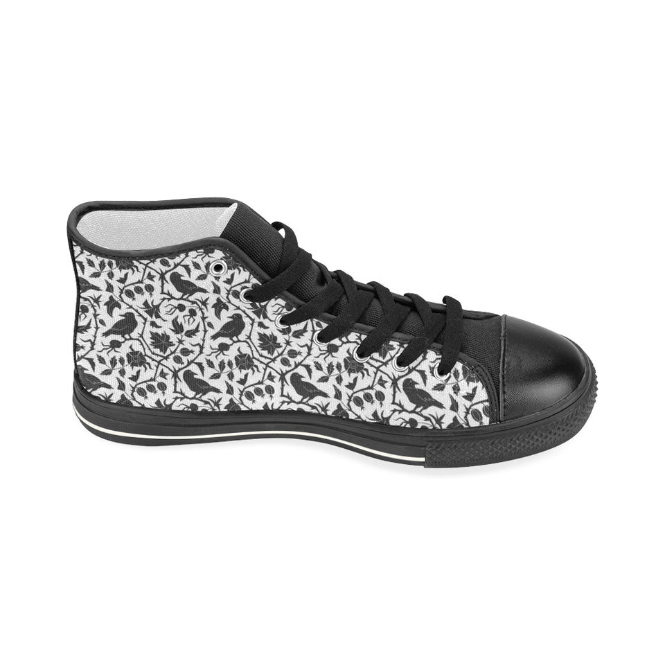 Crow dark floral pattern Women's High Top Canvas Shoes Black