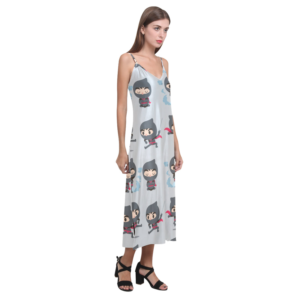 Cute ninja pattern V-Neck Open Fork Long Dress