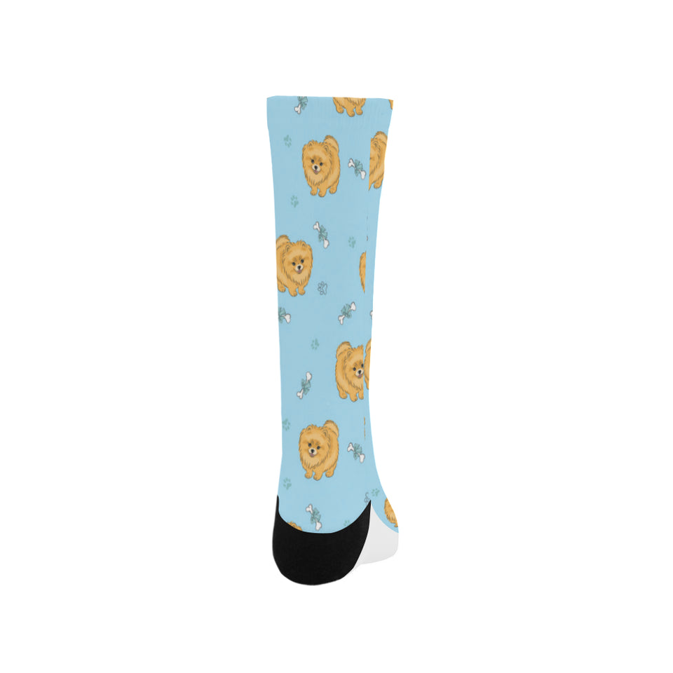 Brown cute pomeranian blue blackground Crew Socks
