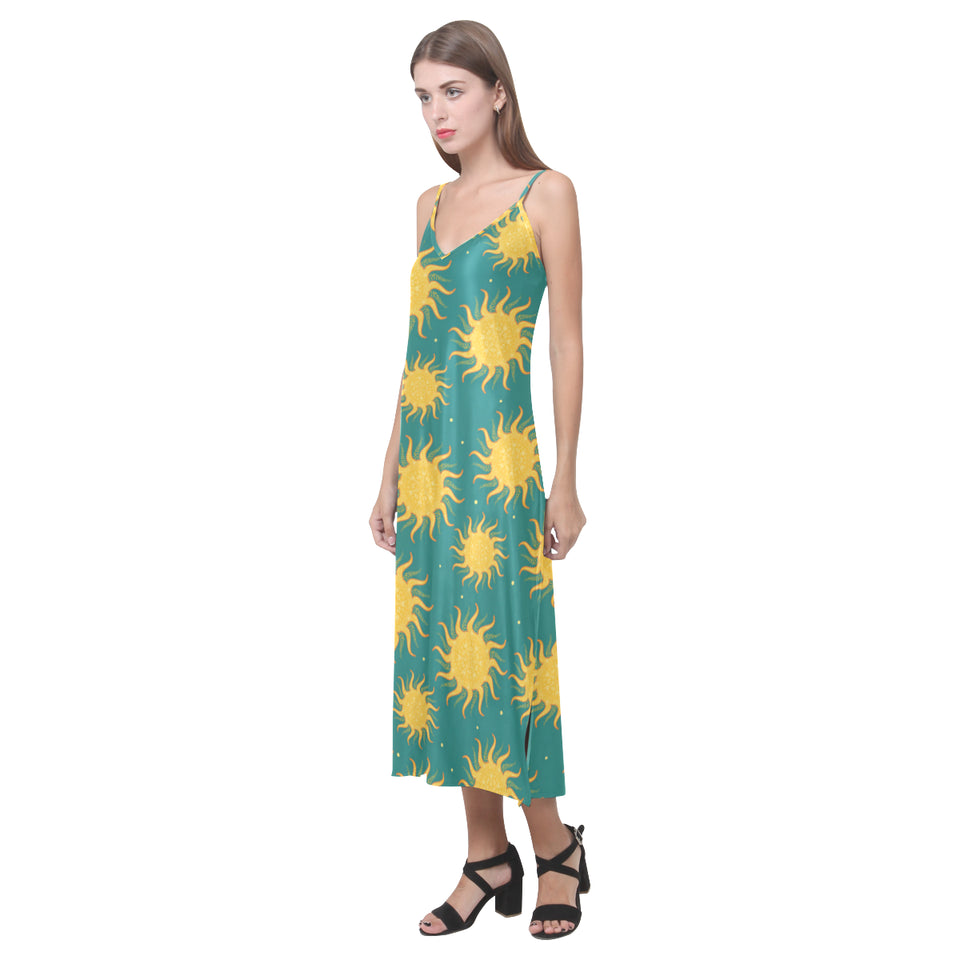 Sun green background V-Neck Open Fork Long Dress