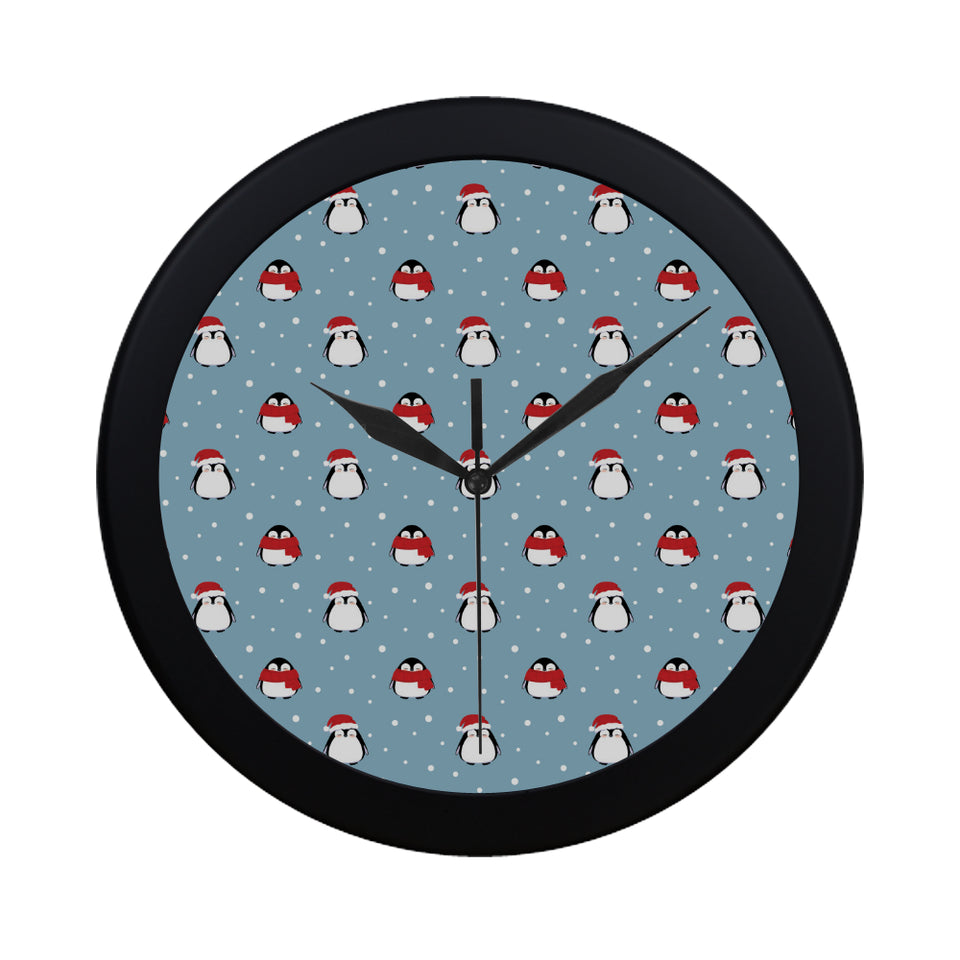 Cute penguin christmas snow pattern Elegant Black Wall Clock