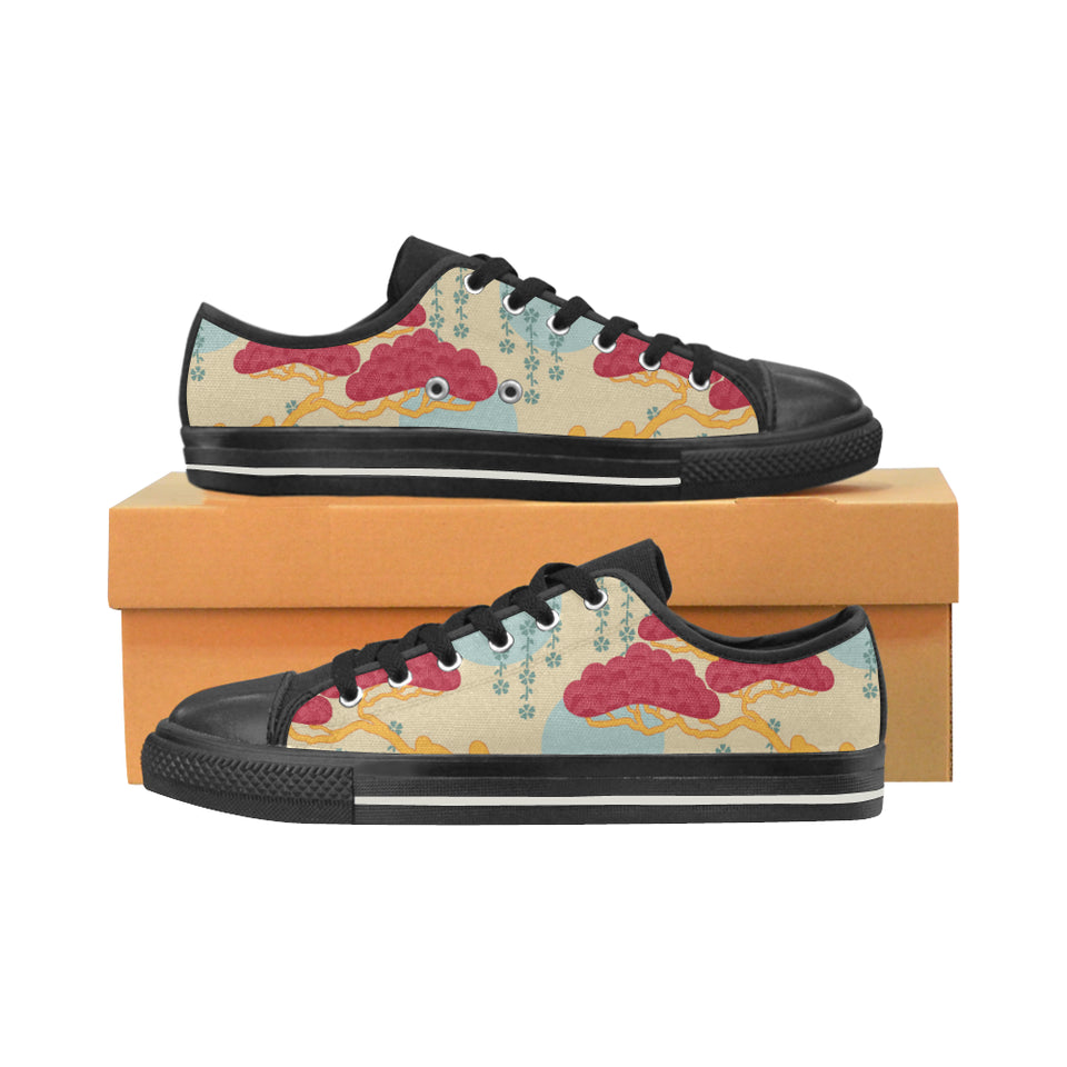 Red Bonsai gray sun japanese pattern Men's Low Top Canvas Shoes Black