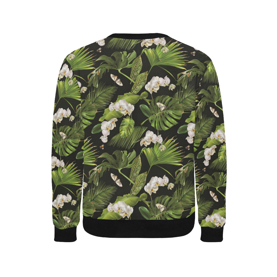 White orchid flower tropical leaves pattern blackg Men's Crew Neck Sweatshirt