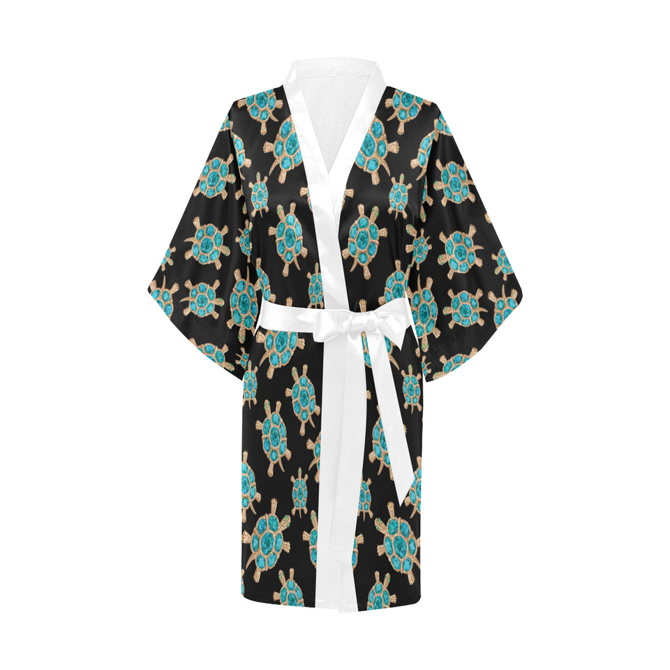 Sea turtle blue stone pattern Women's Short Kimono Robe
